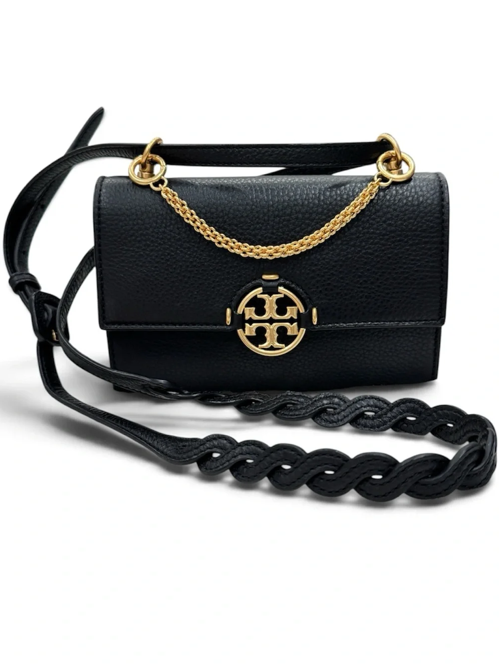 Tory Burch Black Pebbled Leather Crossbody with Gold Logo Chain